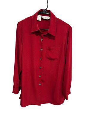 K.C. Studio Red Button Up Blouse Size 8 Long Sleeve Lightweight Pocket Preppy